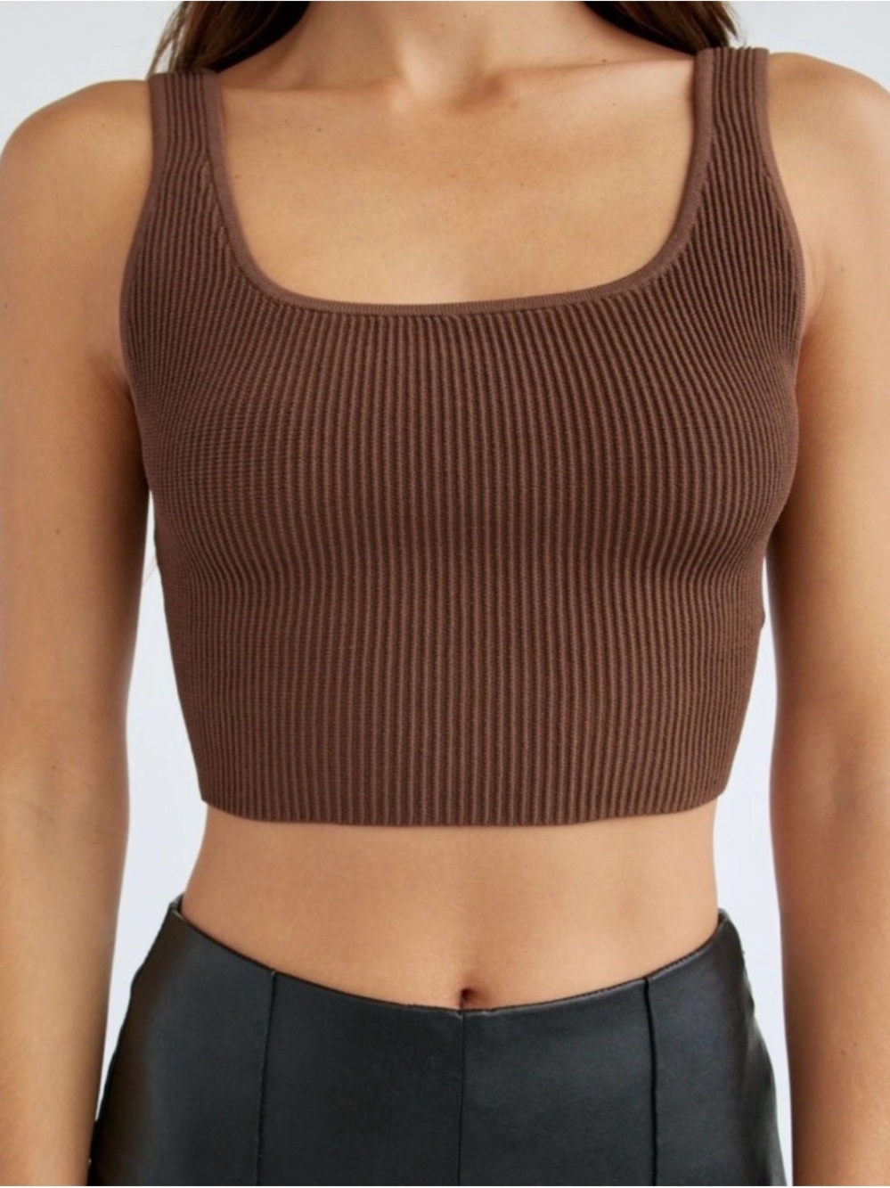 Aritzia Babaton Sculpt Knit Squareneck Crop Tank Chocolate Brown Size L